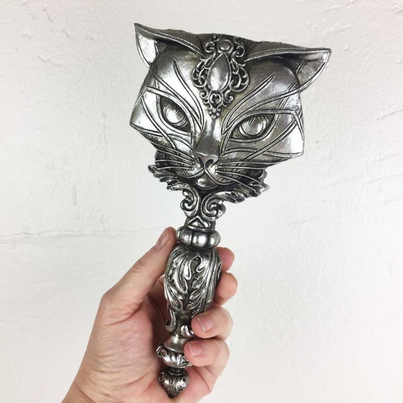 Alchemy Gothic Egyptian Style Cat Hand Mirror Antiqued Silver Resin - Picture 5 of 9